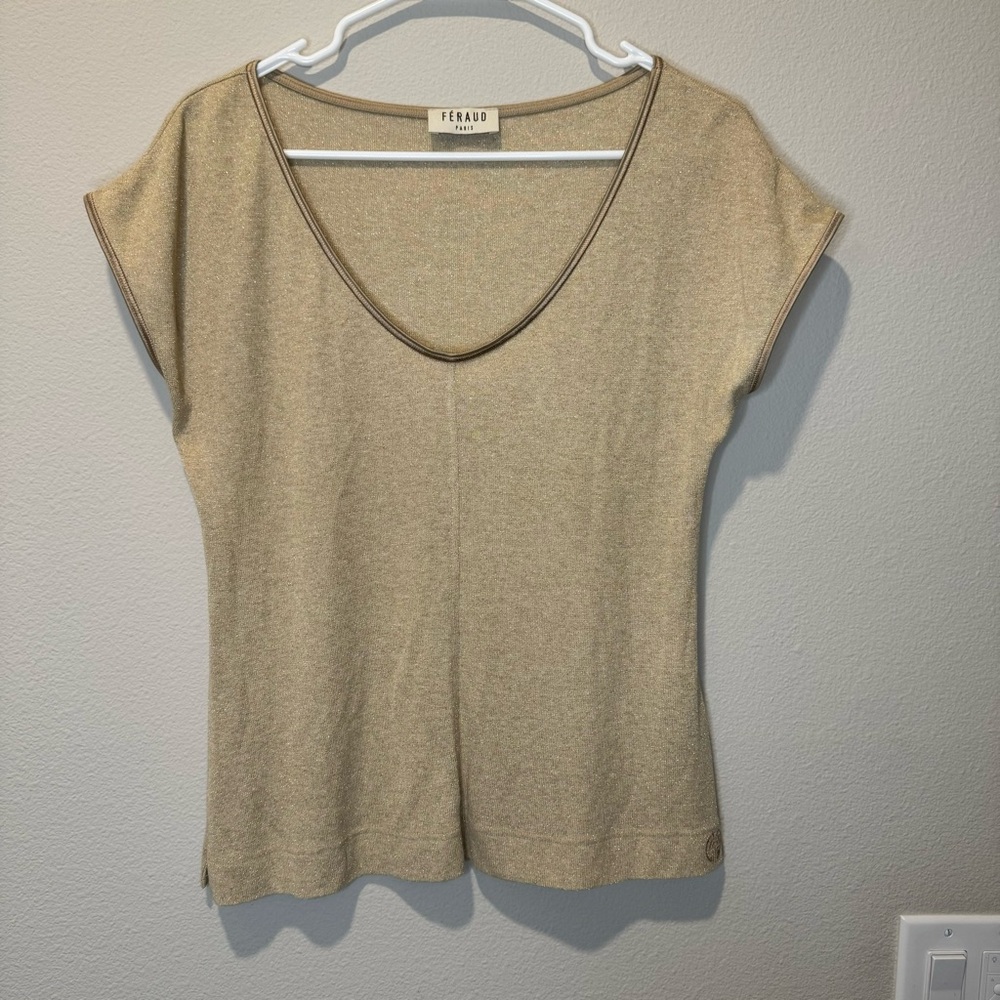Louis Feraud Gold Lamé Short Flutter Sleeve Top Shirt Blouse Medium Size 10